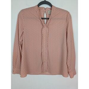 United Arrows Top Blouse Geometric Keyhole Japan Red Tan Cream Career Size 8